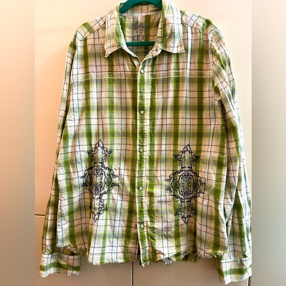XRAY JEANS Men's Graphic Button Up Long Sleeve Shirt Sz 3 XL Cotton Check Green